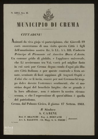 MUNICIPIO DI CREMA. CITTADINI! ANIMATI DA VIVA GIOJA