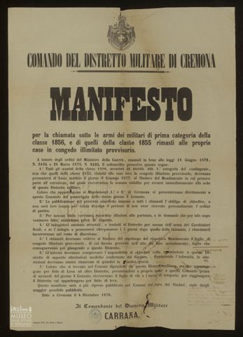 COMANDO DEL DISTRETTO MILITARE DI CREMONA. MANIFESTO